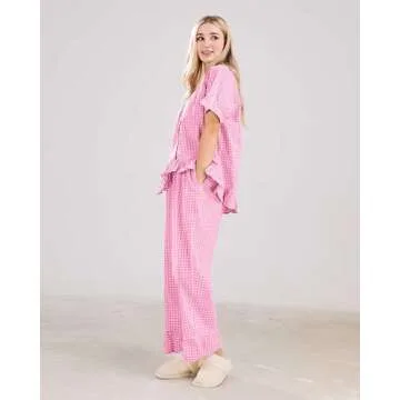 codcm Womens Gingham Pajama Set 2 Piece Short Sleeve Babydoll Shirt and Pants Lounge Set Cute Sleepwear(Pink,Large)