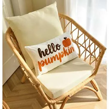 Embroidered Hello Pumpkin Autumn Pillow Cover 12x20