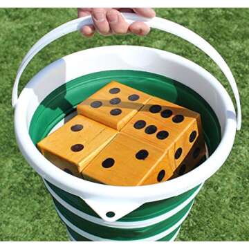 Backyard Recess Yardzee & Yard Farkle Giant Wooden 6 Dice Set for Outdoor Fun Lawn Games Picnic Barbeque Party Tailgaiting & Special Events with Collapsible Bucket & Lid Scorecards & Markers