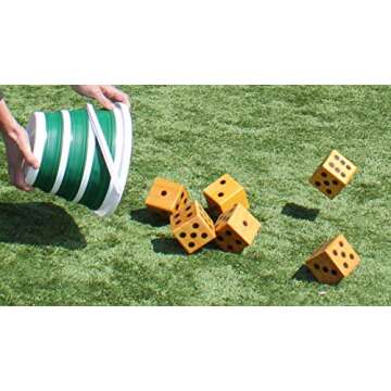 Backyard Recess Yardzee & Yard Farkle Giant Wooden 6 Dice Set for Outdoor Fun Lawn Games Picnic Barbeque Party Tailgaiting & Special Events with Collapsible Bucket & Lid Scorecards & Markers