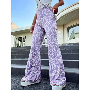 WDIRARA Women's Heart Print Elastic High Waist Flare Leg Stretch Casual Pants Purple L