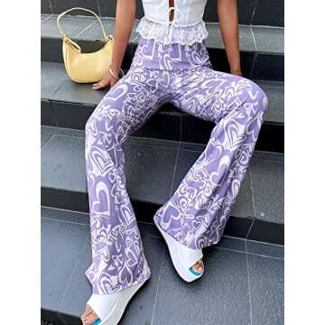 WDIRARA Women's Heart Print Elastic High Waist Flare Leg Stretch Casual Pants Purple L
