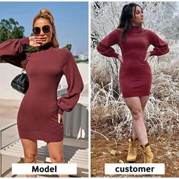 EXLURA Women's Mock Neck Ribbed Sweater Dress Wine Red