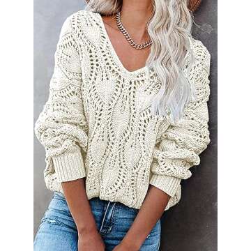 Dokotoo White Sweater Fall Sweaters V Neck Crochet Hollow Out Cute Womens Fashion Pullover Sweaters for Women Off The Shoulder Sweater for Women White Large