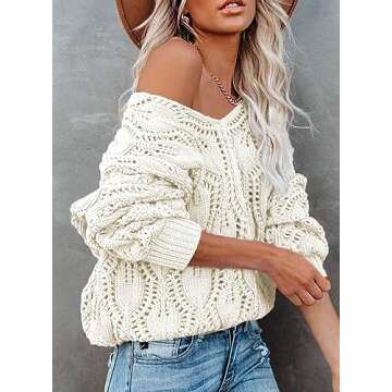 Dokotoo White Sweater Fall Sweaters V Neck Crochet Hollow Out Cute Womens Fashion Pullover Sweaters for Women Off The Shoulder Sweater for Women White Large
