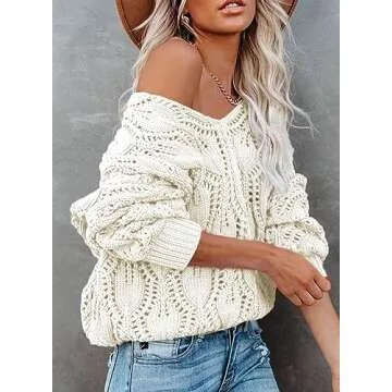 Dokotoo White Sweater Fall Sweaters V Neck Crochet Hollow Out Cute Womens Fashion Pullover Sweaters for Women Off The Shoulder Sweater for Women White Large
