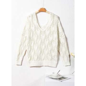 Dokotoo White Sweater Fall Sweaters V Neck Crochet Hollow Out Cute Womens Fashion Pullover Sweaters for Women Off The Shoulder Sweater for Women White Large