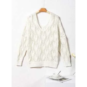 Dokotoo White Sweater Fall Sweaters V Neck Crochet Hollow Out Cute Womens Fashion Pullover Sweaters for Women Off The Shoulder Sweater for Women White Large