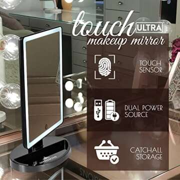 Impressions Vanity Touch Ultra LED Lighted Makeup Mirror, X Large Vanity Mirror with Touch Sensor Dimmer Switch, 360 Rotation Tabletop Cosmetic Mirror with Double Power Supply(Black)