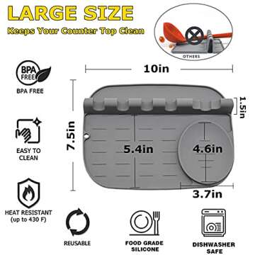 Silicone Spoon Rest 2 in 1 Larger Size Utensil Rest for Kitchen Counter Stove Top, Upgraded Spoon Holder with Drip Pad Include 4 Slots & 1 Spoon Holder, Gray