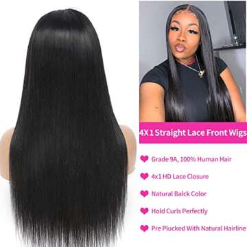16 Inch T Part Straight Wig Human Hair 4x1 Lace Wigs Brazilian Human Hair Wigs 150% Pre Plucked Straight Closure Wigs Human Hair T Part HD Glueless Straight Lace Front Human Hairwig For Black Women