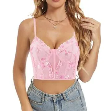 Testudineus Women Chic Floral Embroidered Corset Top Spaghetti Strap Sheer Mesh Push Up Bustier Bral...