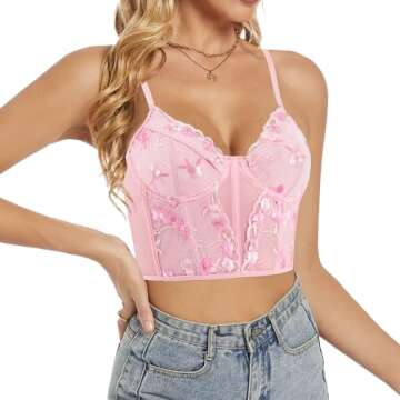 Testudineus Women Chic Floral Embroidered Corset Top Spaghetti Strap Sheer Mesh Push Up Bustier Bralette