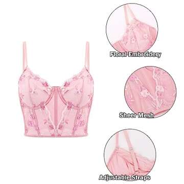 Testudineus Women Chic Floral Embroidered Corset Top Spaghetti Strap Sheer Mesh Push Up Bustier Bralette