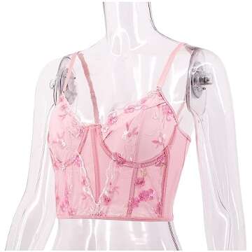 Testudineus Women Chic Floral Embroidered Corset Top Spaghetti Strap Sheer Mesh Push Up Bustier Bralette