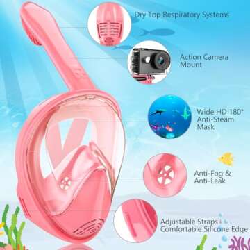 Kids Snorkel Mask Full Face, Snorkeling Gear for Kids 2-14 with Camera Mount, 180 Degree Panoramic V...