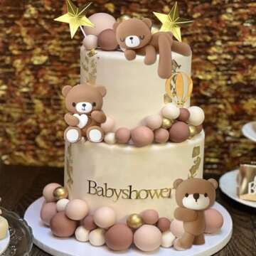 Bear Cake Toppers Bear Balls Cake Decorations with BABY Letters for Boy Baby Shower Birthday Party Decorations (Coffee)