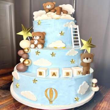 Bear Cake Toppers Bear Balls Cake Decorations with BABY Letters for Boy Baby Shower Birthday Party Decorations (Coffee)