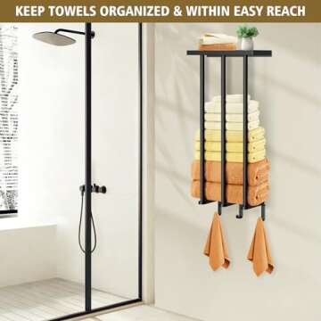 Kayfia Towel Storage, Towel Racks for Bathroom Wall Mounted with Metal Shelf & 3 Hooks, Upgrade 3 Bars Towel Holder for Rolled or Folded Towel, Large Capacity Tool Storage for Small Bathroom, Black