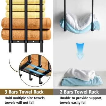 Kayfia Towel Storage, Towel Racks for Bathroom Wall Mounted with Metal Shelf & 3 Hooks, Upgrade 3 Bars Towel Holder for Rolled or Folded Towel, Large Capacity Tool Storage for Small Bathroom, Black