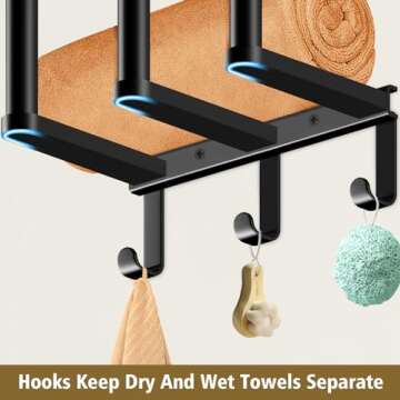 Kayfia Towel Storage, Towel Racks for Bathroom Wall Mounted with Metal Shelf & 3 Hooks, Upgrade 3 Bars Towel Holder for Rolled or Folded Towel, Large Capacity Tool Storage for Small Bathroom, Black