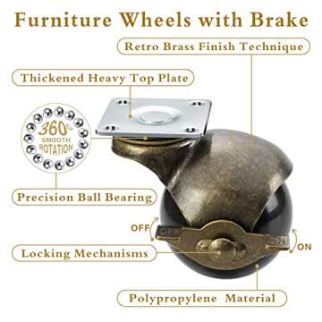 JGJC Antique Brass Casters Set, Heavy Duty Vintage Wheels