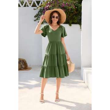 LEADINK Womens Spring Summer Dress 2025 Short Sleeve V Neck Midi Dresses, Breathable Cotton Tiered D...