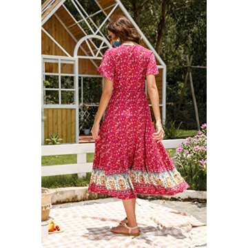 R.Vivimos Womens Summer Floral Print Cotton Short Sleeve Flowy Dress (Large, Magenta)