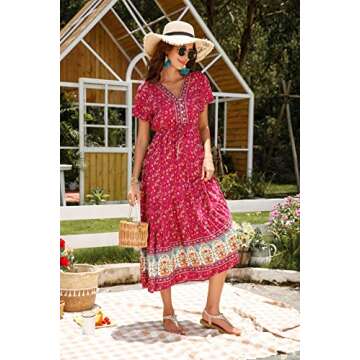 R.Vivimos Womens Summer Floral Print Cotton Short Sleeve Flowy Dress (Large, Magenta)