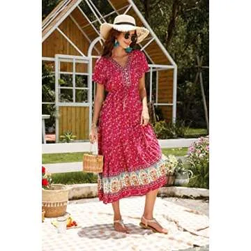 R.Vivimos Womens Summer Floral Print Cotton Short Sleeve Flowy Dress (Large, Magenta)