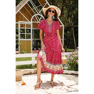 R.Vivimos Womens Summer Floral Print Cotton Short Sleeve Flowy Dress (Large, Magenta)