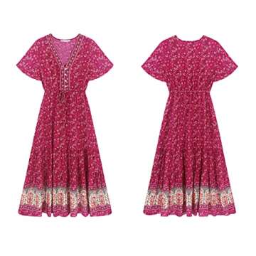 R.Vivimos Womens Summer Floral Print Cotton Short Sleeve Flowy Dress (Large, Magenta)