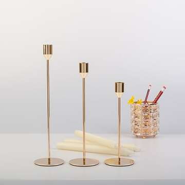 Set of 5 Taper Candlestick Holders, Modern Candle Holders for Table Centerpiece, Easy Assembly, Tall Metal Candle Stick Candle Holder for Mantel Wedding Christmas, Champagne Gold