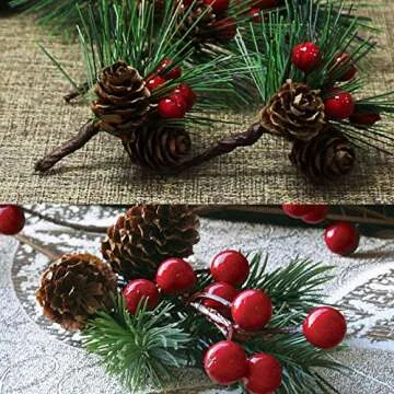 Acronde 20PCS Artificial Pine Picks Christmas Simulation Pine Needle Small Berries Pinecones for Flower Arrangements Wreaths Wedding Garden Xmas Tree Decorations (Red)