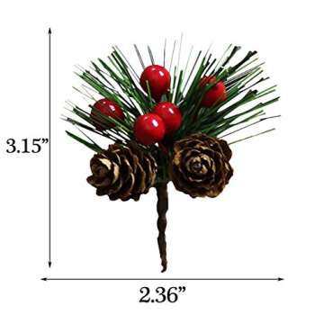 Acronde 20PCS Artificial Pine Picks Christmas Simulation Pine Needle Small Berries Pinecones for Flower Arrangements Wreaths Wedding Garden Xmas Tree Decorations (Red)