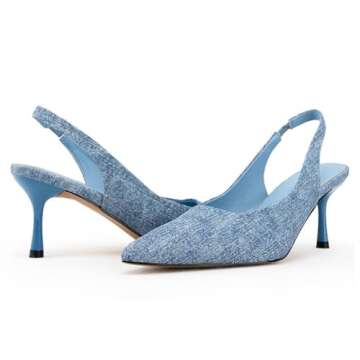 heelchic Kitten Pumps Heels for Women, Women‘s Low Heels Comfortable Slingback Dress Shoes Denim Blue