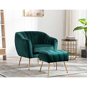 Artechworks Velvet Modern Tub Barrel Arm Chair Upholstered Tufted with Gold Metal Legs Accent Club Chair with Ottoman Footrest for Living Reading Room Bedroom, Green