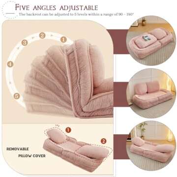 Upholstered Human Dog Bed for Adult & Pets, Convertible Lazy Sofa Bed with 5 Adjustable Position, Comfy Tatami Bean Bag Lounge Chair with 2 Soft Pillows for Bedroom Living Room Office (Pink)