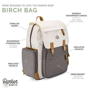 Parker Baby Diaper Backpack - Large Diaper Bag with Insulated Pockets and Stroller Straps - Birch Ba...