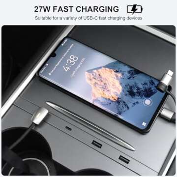 Vugosson USB Hub for Tesla Model Y 2021-2024 Model 3 2021-2023 Center Console, Support USB-C Fast Charging, Docking Station Accessories for Tesla Model 3/Y, Silver Gray