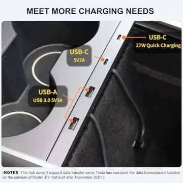Vugosson USB Hub for Tesla Model Y 2021-2024 Model 3 2021-2023 Center Console, Support USB-C Fast Charging, Docking Station Accessories for Tesla Model 3/Y, Silver Gray