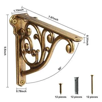 Shelf Brackets 8 Inch 4 Pack Heavy Duty Antique Brass Wall Bracket Victorian Kitchen Decorative Rack Shelves, Shelf Bracket Available in 8 finishes. (4, Antique Brass)