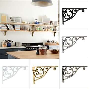 Shelf Brackets 8 Inch 4 Pack Heavy Duty Antique Brass Wall Bracket Victorian Kitchen Decorative Rack Shelves, Shelf Bracket Available in 8 finishes. (4, Antique Brass)