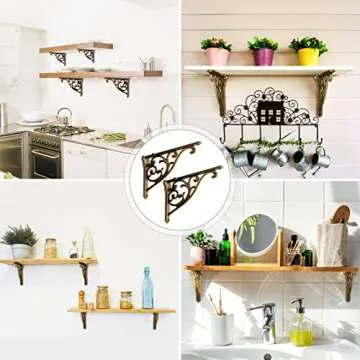 Shelf Brackets 8 Inch 4 Pack Heavy Duty Antique Brass Wall Bracket Victorian Kitchen Decorative Rack Shelves, Shelf Bracket Available in 8 finishes. (4, Antique Brass)