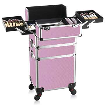 OUDMAY Makeup Case - 3 In 1 Aluminum Professional Rolling Cosmetic Beauty Storage With Folding Trays and Large Compartments Pink
