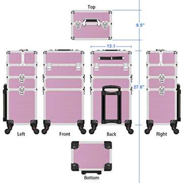 OUDMAY Makeup Case - 3 In 1 Aluminum Professional Rolling Cosmetic Beauty Storage With Folding Trays and Large Compartments Pink