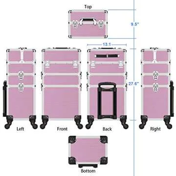 OUDMAY Makeup Case - 3 In 1 Aluminum Professional Rolling Cosmetic Beauty Storage With Folding Trays and Large Compartments Pink