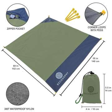 ECCOSOPHY Sand Proof Beach Blanket - Waterproof Picnic Blanket 60x55-Outdoor Compact Pocket Blanket-...