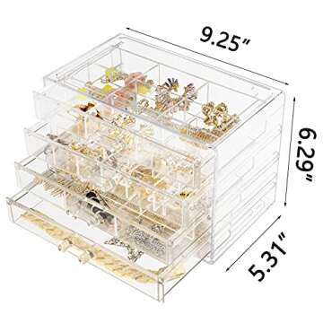 Weiai Acrylic Jewelry Box, 72 Grids Clear Jewelry Organizer with Adjustable Dividers, Large Capacity Earring Ring Gift Boxes