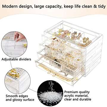 Weiai Acrylic Jewelry Box, 72 Grids Clear Jewelry Organizer with Adjustable Dividers, Large Capacity Earring Ring Gift Boxes